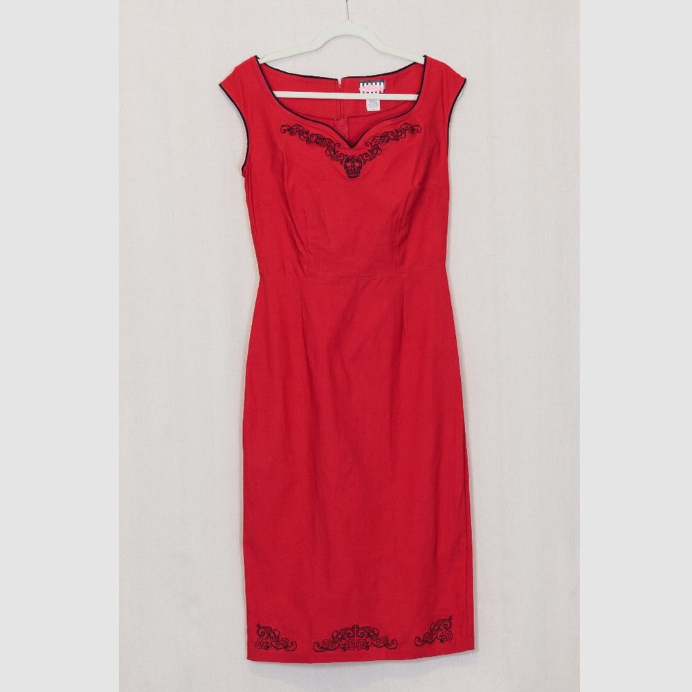 Vintage red embroidered skull and roses pinup dress